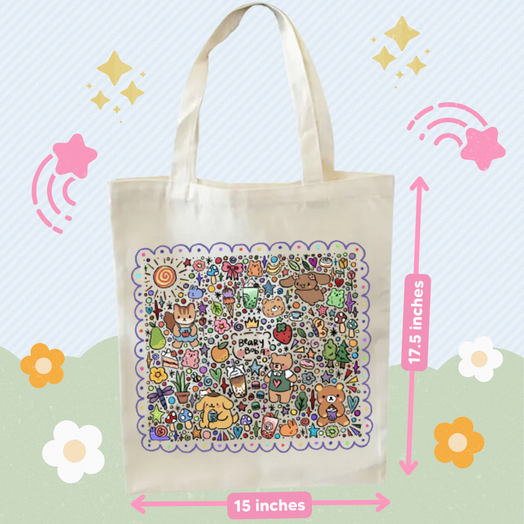 Beary Boba Doodle Canva Tote Bag