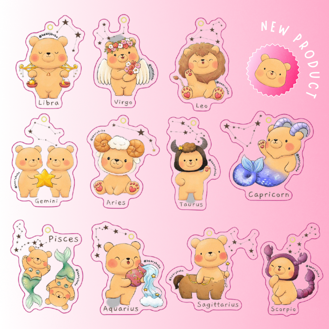 Beary Boba Epoxy Keychains - Zodiac Signs